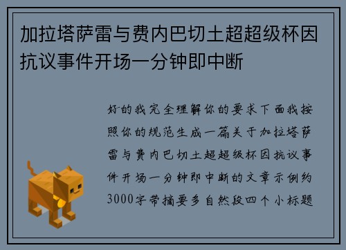 加拉塔萨雷与费内巴切土超超级杯因抗议事件开场一分钟即中断 加拉塔萨雷与费内巴切土超超级杯因抗议事件开场一分钟即中断