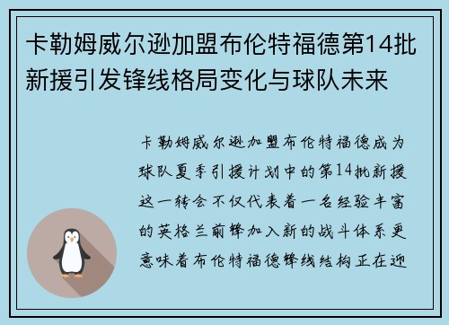 卡勒姆威尔逊加盟布伦特福德第14批新援引发锋线格局变化与球队未来